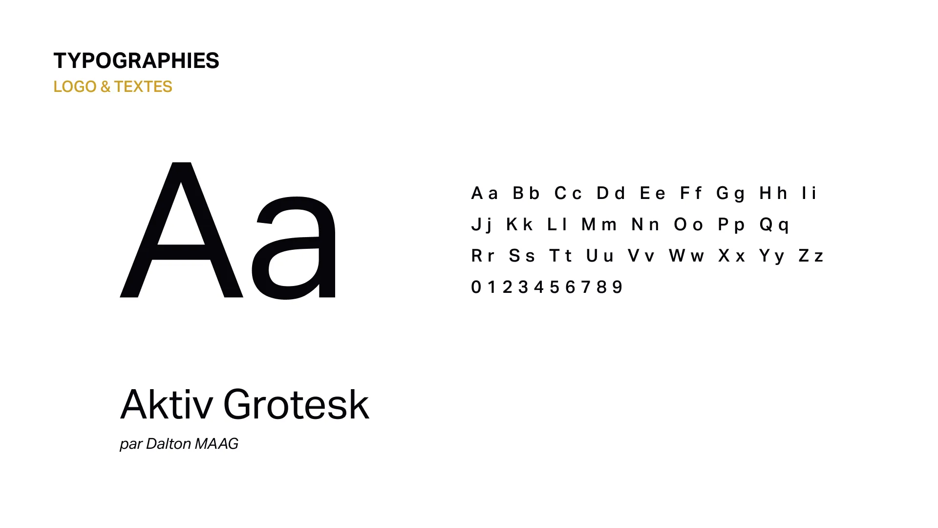 Présentation de la typographie Aktiv Grotesk utilisée pour le logo et les textes de l’identité visuelle AreliA Performance.